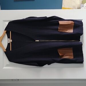 Loft Oversized Navy Sleeveless Zip Front Mini Vest Dress w Faux Leather Pockets